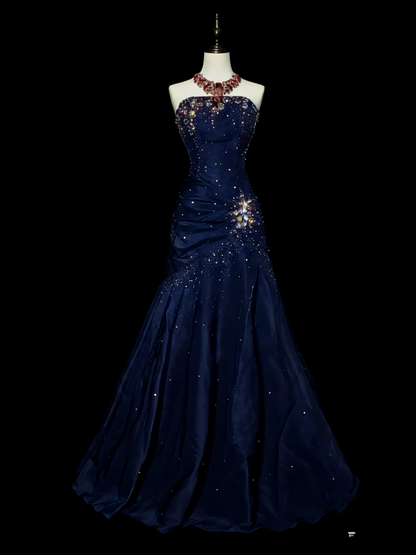 Glam Burgundy Long Prom Dresses Strapless Mermaid Evening Dresses Beaded Satin Sleeveless Formal Dresses EP06802