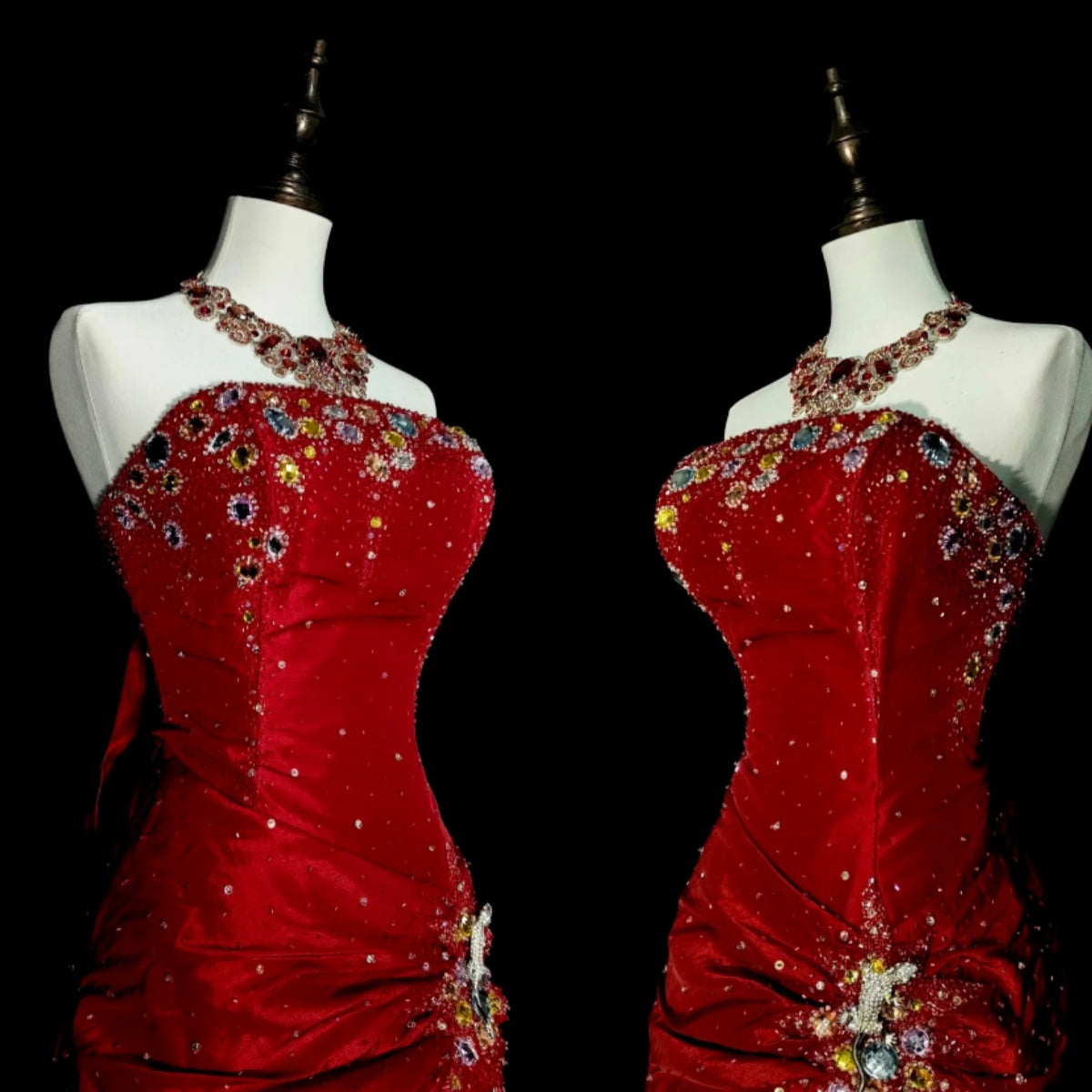 Glam Burgundy Long Prom Dresses Strapless Mermaid Evening Dresses Beaded Satin Sleeveless Formal Dresses EP06802
