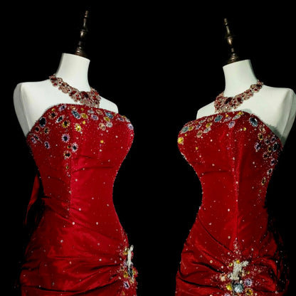 Glam Burgundy Long Prom Dresses Strapless Mermaid Evening Dresses Beaded Satin Sleeveless Formal Dresses EP06802