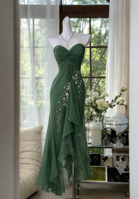 Elegant Green Prom Dress Sweetheart Sheath Chiffon Beaded Evening Dress EP07340