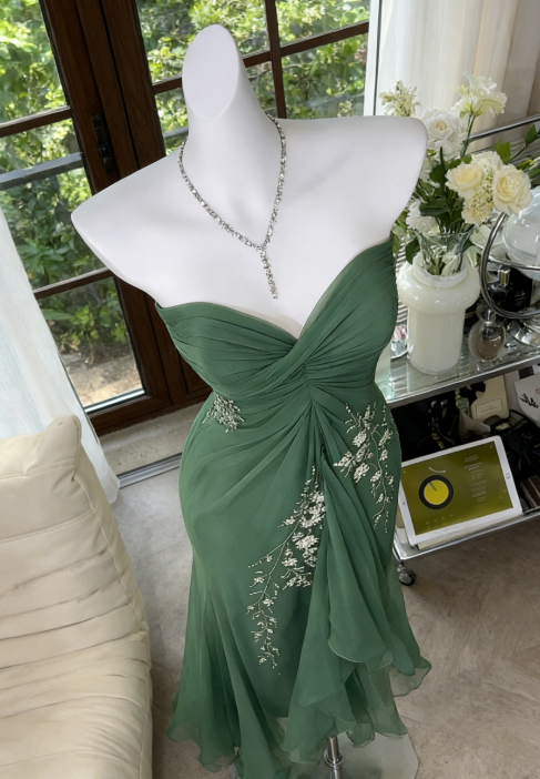 Elegant Green Prom Dress Sweetheart Sheath Chiffon Beaded Evening Dress EP07340