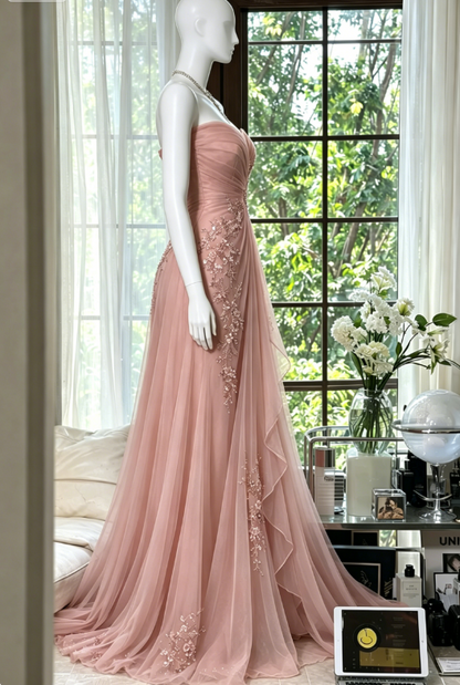 Robe de bal élégante couleur pêche, en mousseline perlée, décolleté cœur, EP07344