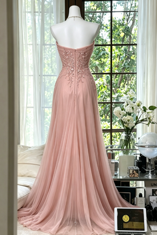 Robe de bal élégante couleur pêche, en mousseline perlée, décolleté cœur, EP07344