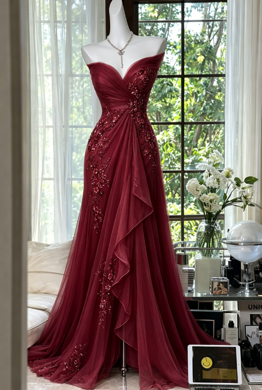Robe de bal élégante couleur pêche, en mousseline perlée, décolleté cœur, EP07344