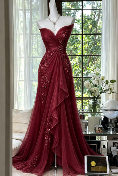 Robe de bal élégante couleur pêche, en mousseline perlée, décolleté cœur, EP07344