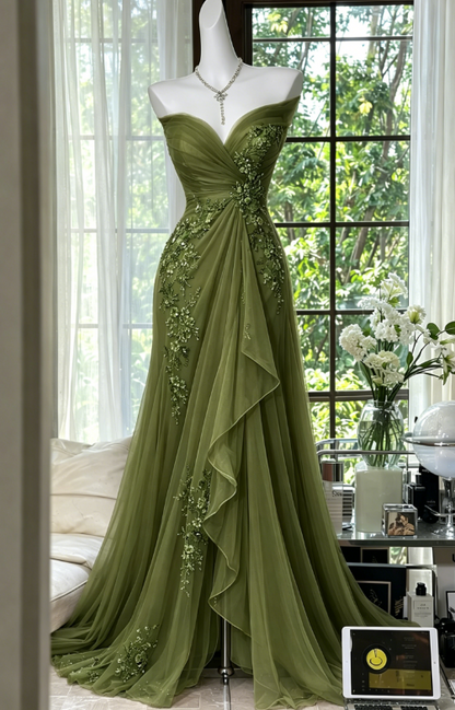 Robe de bal élégante couleur pêche, en mousseline perlée, décolleté cœur, EP07344