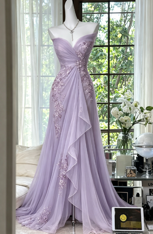 Robe de bal élégante couleur pêche, en mousseline perlée, décolleté cœur, EP07344