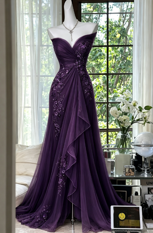 Robe de bal élégante couleur pêche, en mousseline perlée, décolleté cœur, EP07344