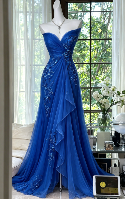 Robe de bal élégante couleur pêche, en mousseline perlée, décolleté cœur, EP07344