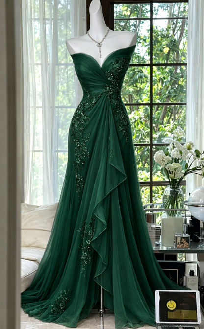 Robe de bal élégante couleur pêche, en mousseline perlée, décolleté cœur, EP07344
