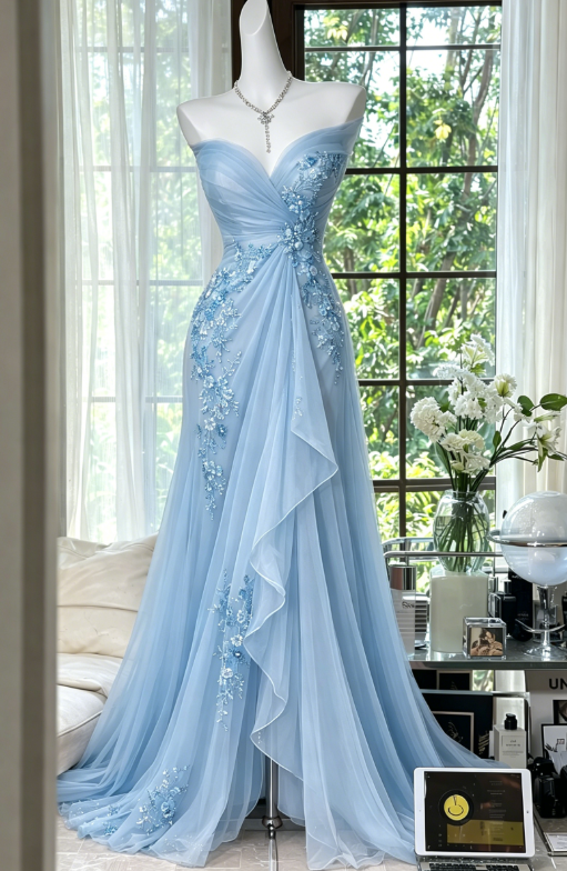 Robe de bal élégante couleur pêche, en mousseline perlée, décolleté cœur, EP07344