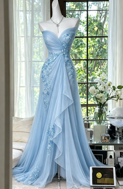 Robe de bal élégante couleur pêche, en mousseline perlée, décolleté cœur, EP07344