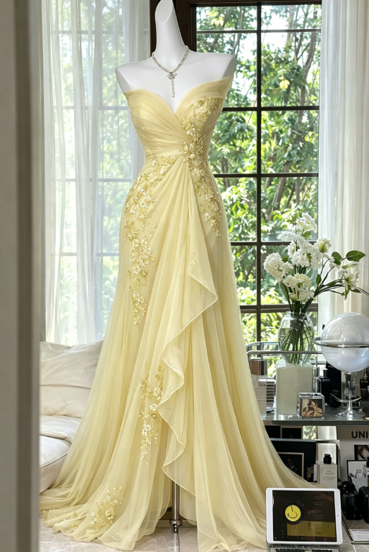 Robe de bal élégante couleur pêche, en mousseline perlée, décolleté cœur, EP07344