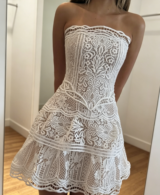 Robe d'anniversaire bustier sexy, robe de bal courte évasée en dentelle, robe de soirée blanche ES07250