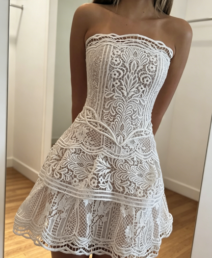 Robe d'anniversaire bustier sexy, robe de bal courte évasée en dentelle, robe de soirée blanche ES07250
