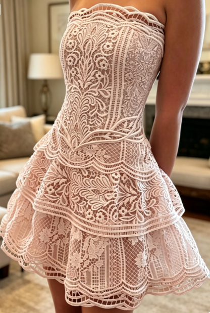 Robe d'anniversaire bustier sexy, robe de bal courte évasée en dentelle, robe de soirée blanche ES07250