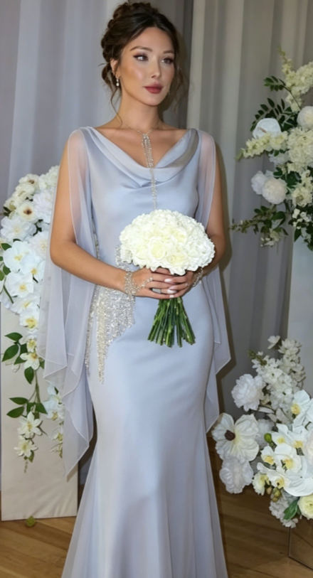 Elegant Blue Bridesmaid Dress V-neck Sheath Chiffon Long Formal Dress EW07888