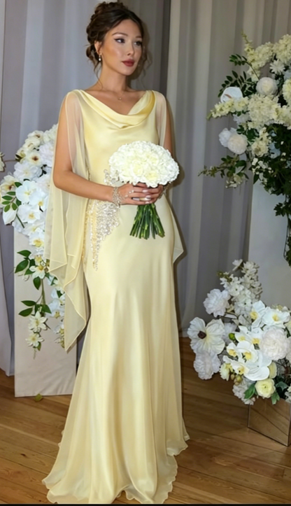Robe de demoiselle d'honneur élégante bleue col en V fourreau en mousseline de soie longue robe de soirée EW07888
