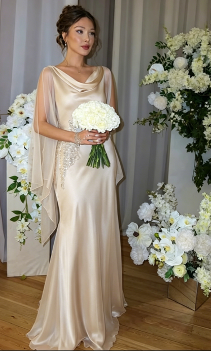 Robe de demoiselle d'honneur élégante bleue col en V fourreau en mousseline de soie longue robe de soirée EW07888