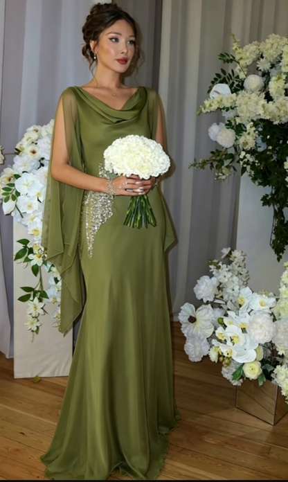 Robe de demoiselle d'honneur élégante bleue col en V fourreau en mousseline de soie longue robe de soirée EW07888
