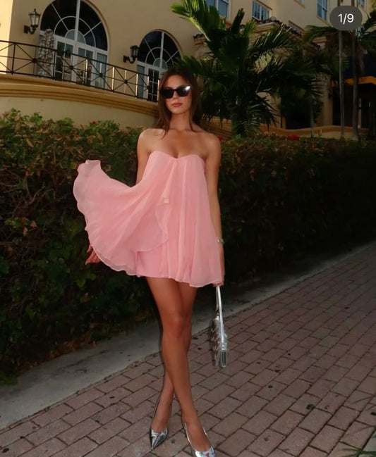 Sweetheart Sheath Short Prom Dress Chiffon Summer Dress Blush Pink Birthday Dress EW08952