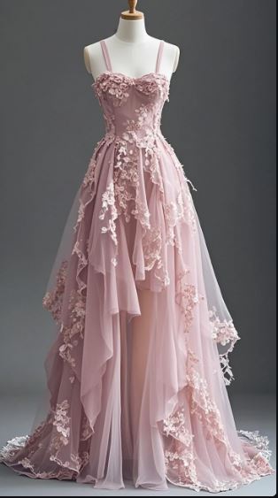 Fairytale A-line Hi-Lo Prom Dress for Masquerade Tulle&amp;Lace Applique Spaghetti Strap Evening Dress