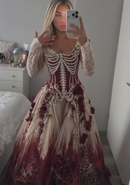Schickes burgunderrotes, perlenbesetztes A-Linien-Abiballkleid aus Tüll, langes Abendkleid ED11979