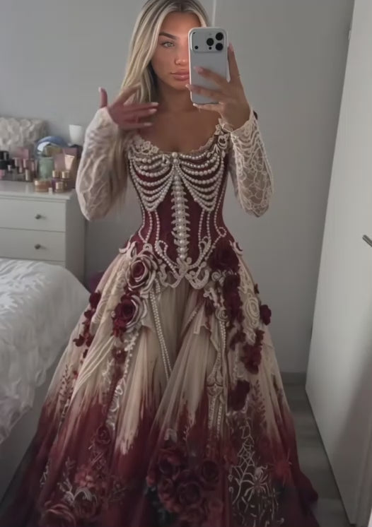 Schickes burgunderrotes, perlenbesetztes A-Linien-Abiballkleid aus Tüll, langes Abendkleid ED11979