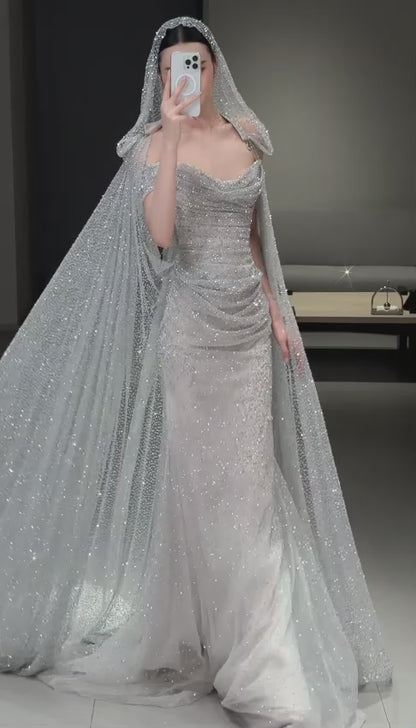 Gorgeous Sheath Tulle Sequins Long Evening Dress Silver Prom Dress ED11921