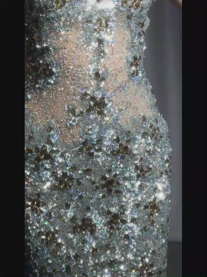 Elegant Mermaid Long Prom Dresses Tulle Sequins Halter Evening Dresses Sleeveless Formal Dresses ED05881