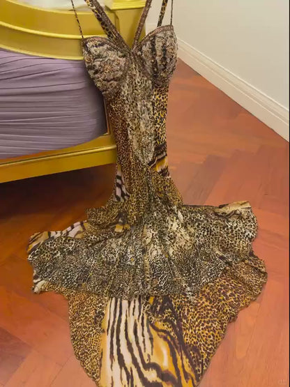 Vintage Sheath Leopard Short Prom Dresses Chiffon Beaded Spaghetti Straps Evening Dresses  ED06041
