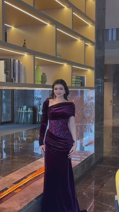 Elegant Purple Birthday Dresses, Asymmetrical Neckline Sheath Long Prom Dresses, Sequins Satin Evening Dresses ED06075