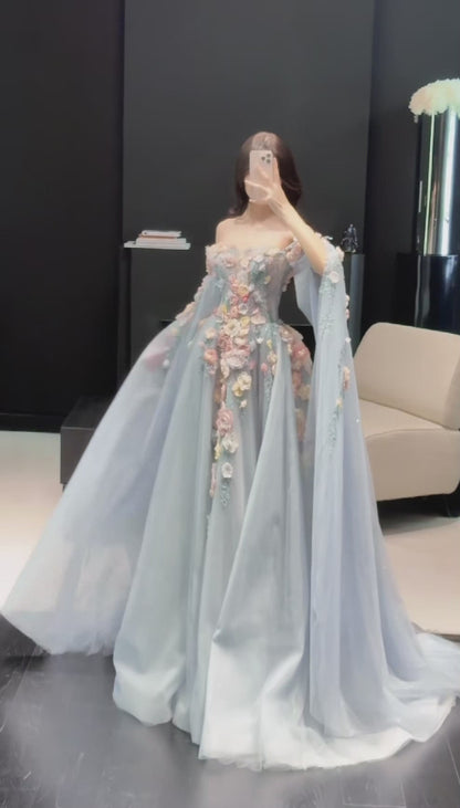 Fairy Blue Prom Dress A-Line Tulle Appliques Long Evening Dress ED12013