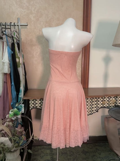 Vintage Strapless Sheath Short Hoco Dresses Peach Tulle Lace Birthday Dress Cute Party Formal Dress  ED03908