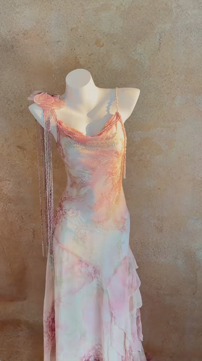 Vintage Spaghetti Straps Sheath Long Prom Dresses, Cinderella Chiffon Beaded Formal Dresses ED05172