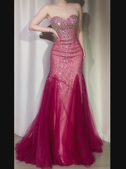 Burgundy Mermaid Long Prom Dresses Chic Sweetheart Tulle Sequins Party Dresses Sleeveless Evening Dresses  EP05742