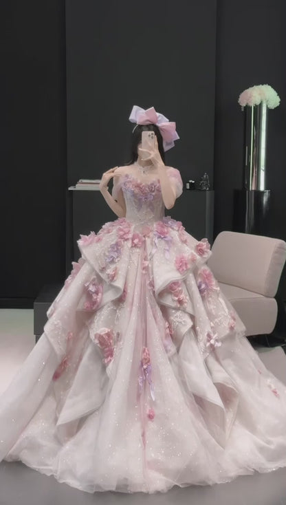 Gorgeous Appliques Pink Prom Dress  Sweet 16 Dress A-Line Tulle Long Evening Dress ED12000