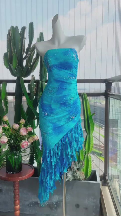 Blue Beaded Prom Dress Sheath Long Chiffon Evening Dress ED10940