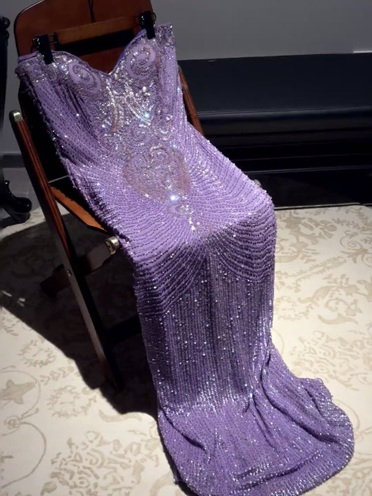 Glam Sweetheart Sheath Long Prom Dresses Chiffon Beaded Purple Birthday Dresses EP05272