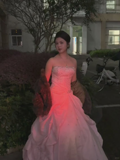 Chic Pink Sheath Long Prom Dresses Beaded Satin Strapless Evening Dressses Sleeveless Birthday Dresses ED05843