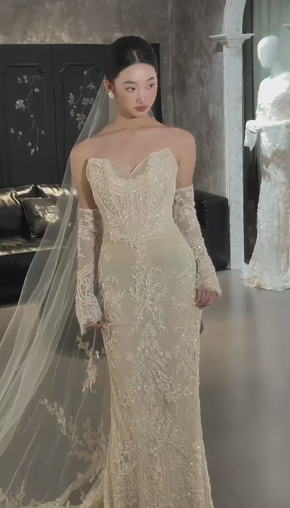 Chic Sweetheart White Bridal Gown Sheath Tulle Beaded Wedding Dress ED11603