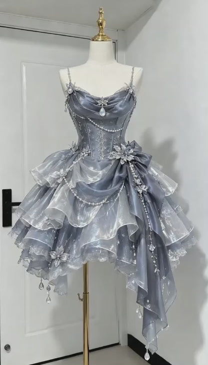 Jolie robe de bal courte bleue, coupe trapèze en mousseline, robe de fête d’anniversaire ED12183