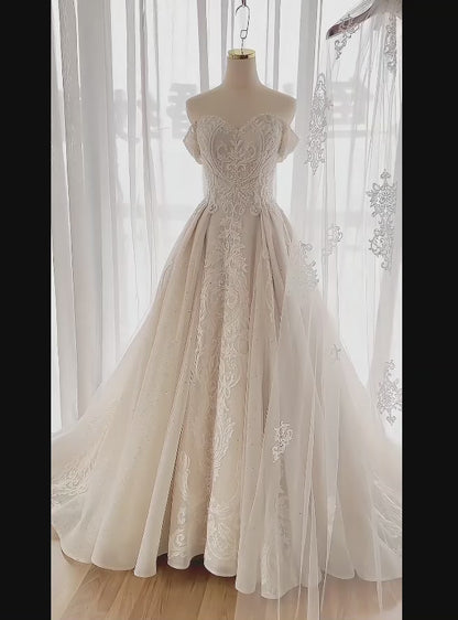 Timeless A-Line Long Wedding Dresses Tulle Beaded White Bridal Gowns Off-shoulder Bridal Dresses ED06144