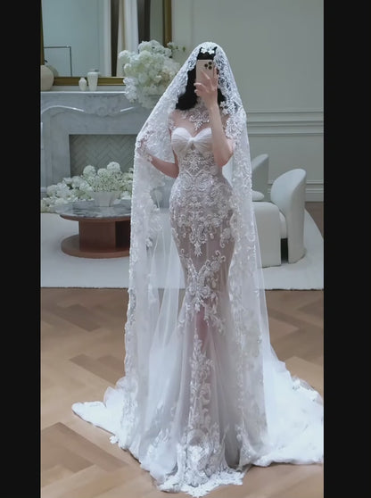 Luxury High Neck Mermaid Long Wedding Dresses Tulle Applique White Bridal Gowns Short Sleeves Bridal Dresses EP05699