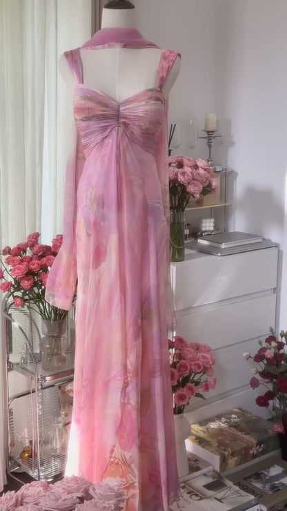 Elegant Pink Strap Sheath Print Chiffon Prom Dresses, Vintage Evening Gowns ED03462
