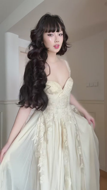 Chic A-line Apricot Long Prom Dresses Chiffon Lace Straps Evening Dresses Sleeveless Party Dresses ED06300