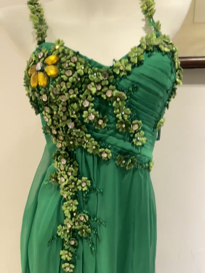 Vintage Green Sheath Formal Dress Beaded Applique Tulle Long Prom Dresses Classy Pleated Evening Dress ED03642