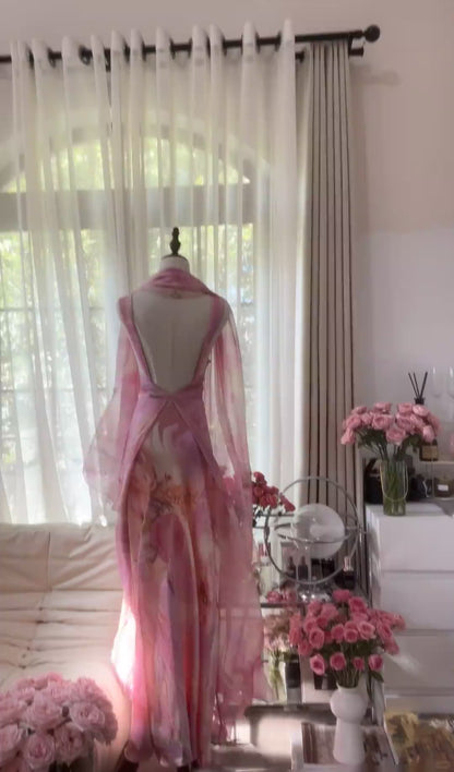 Elegant Pink Strap Sheath Print Chiffon Prom Dresses, Vintage Evening Gowns ED03462