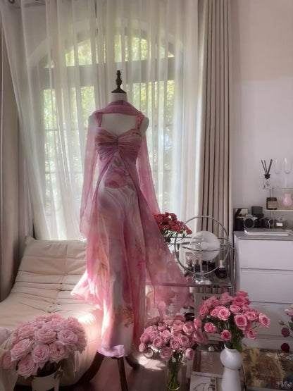 Elegant Pink Strap Sheath Print Chiffon Prom Dresses, Vintage Evening Gowns ED03462