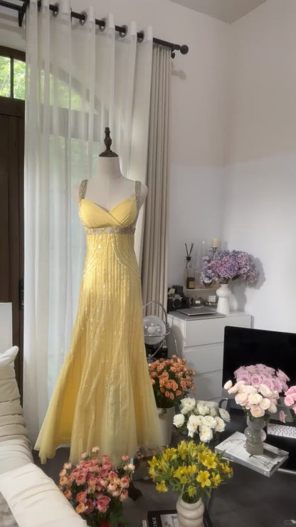 Wunderschöne Buttergelb Sweetheart Neck Mermaid Perlen Chiffon Lange Ballkleider Vintage Formale Abendkleider ED02539
